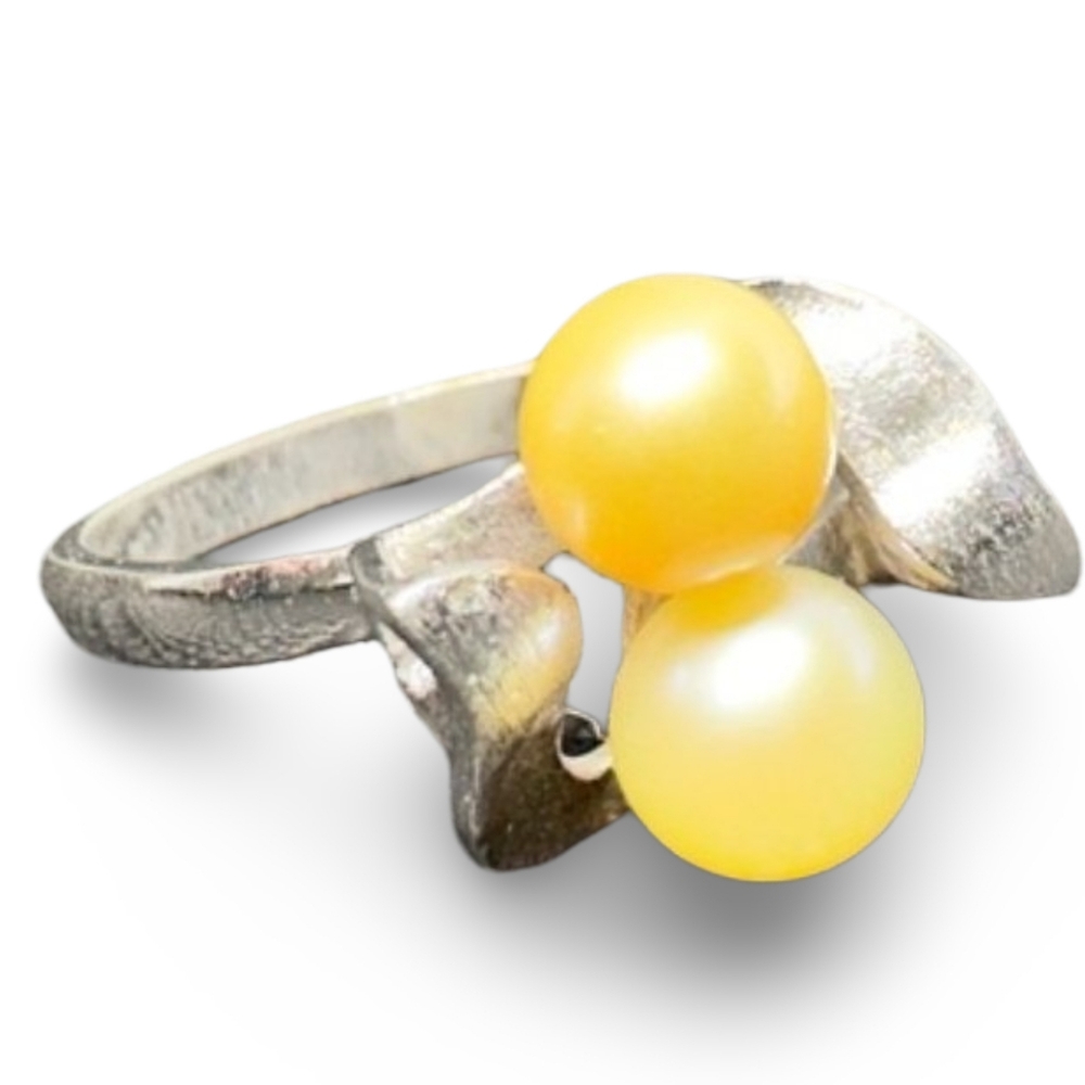Vintage Sterling Silver Cultured Pearl Bypass Ring Leaf Design
